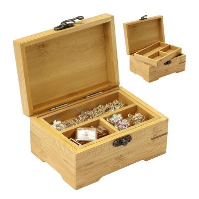 China Europe Small Wooden Box with Hinged Lid,Bamboo Wood Storage Box with 2 Compartments,Natural Wood Organizer forJewelry Home Office Decor for sale