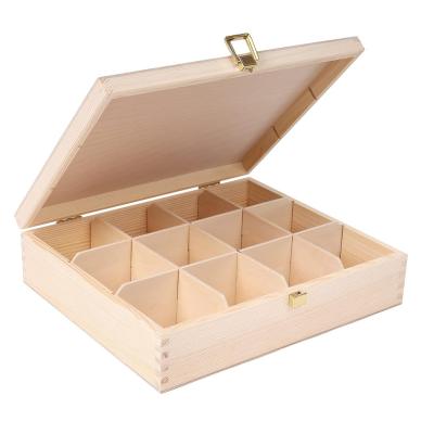 China Sustainable 12 Compartments Natural Wood Luxury Organizer Bag Container Keepsake Chest for Chocolate Coffee Unpainted Wooden Tea Box Storage for sale