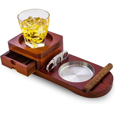 China Country Great Cigar Accessories for Men Whiskey Glass Tray & Wooden Ash Tray with Cigar Cutter Wooden Cigar Ashtray Coaster for sale