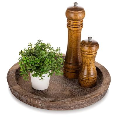 China Rustic Wood Decorative Vintage Centerpiece Candle Holder Farmhouse Home Decor Ottoman Tray Round Rolling Rustic Wooden Tray Decor for sale