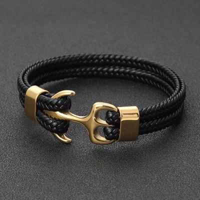 China Vintage Mens Black Cowhide Woven Anchor Stainless Steel Mens Leather Bracelet Leather Rope Homme for sale