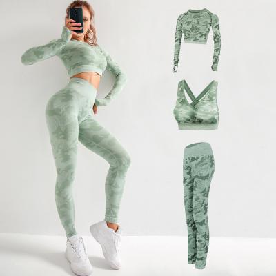 China QUICK DRY Yoga Gym Woman Fitness Clothing High Waist Leggings Green 3 Piece Sports Sets for sale