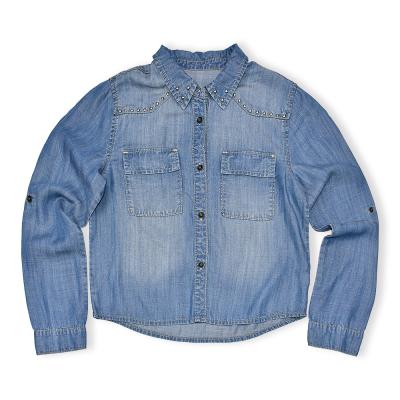 China Fashion Breathable Ladies Long Sleeve Beads Denim Jacket Shirt Ladies Decorative Gradient Washed Denim Shirt for sale