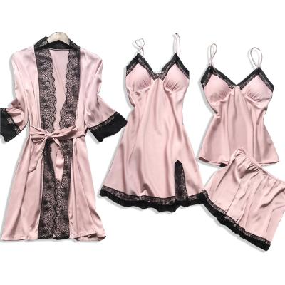 China 2020 Wholesale Summer Breathable 4 Piece Satin Nightgown Sets Women Silk Pajamas Sleepwear for sale