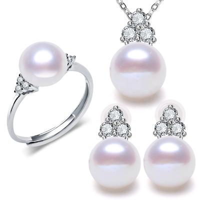 China 925 Sterling Silver TRENDY Freshwater Pearl Jewelry Necklace Ring Earrings 7-9mm Set for sale