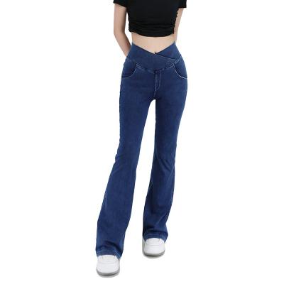 China Breathable 2023  new design Cross Waist Flared Jeans Butt Lift Slim Women Boot cut Flare Denim Jeans Long Leg Yoga Scrunch Pants for sale