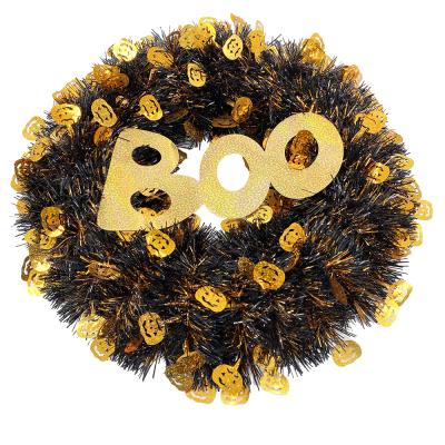 China Hallowmas Party Wholesale 38cm Halloween Tinsel Wreath Garland with Boo Pumpkin Deaoration Halloween Wreath for sale