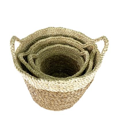 China Sustainable Set of 3 Handmade Storage Basket Woven Rush and Corn Stroage Basket with Handles Home Kitchen Laundry Basket for sale