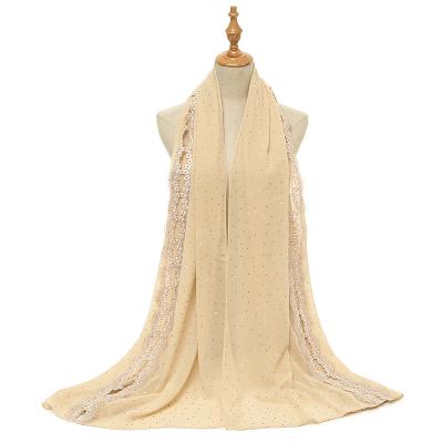 China Polyester Zhenshiman Stars Ceramic Lace Stitching Latest Simple Chiffon Scarf 2021 Women Muslim Shawl Scarf Wholesale for sale