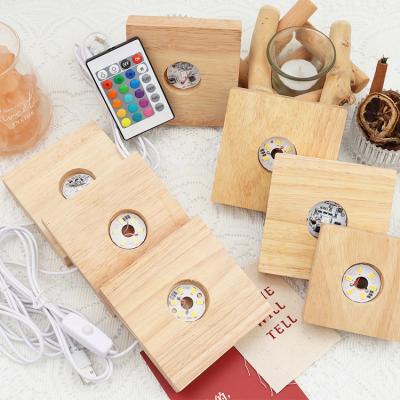 China Change colors factory directly produce high quality square wooden light base, touch switch 5V rechargeable crystal lamp holder for sale