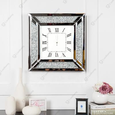 China Antique Style Modern Mirrored Roman Square Diamond Wall Clocks Home Decorative Decoration for sale