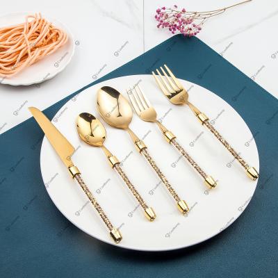 China Viable Gold Silverware Stainless Steel Forks And Spoons Set Crystal Crushed Diamond Flatware Sets for sale