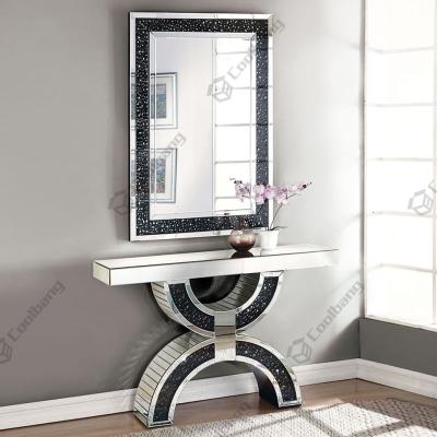 China Modern Mirrored Furniture Living Room Furniture Diamond Silver Mirrored Console Table Crushed Black With Wall Mirror for sale