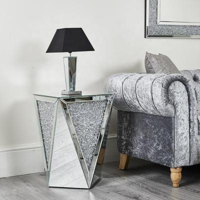 China Luxury Living Room Furniture Mirrored Diamond Lamp Table Mirrored Side Glittering Table Pedestal for sale