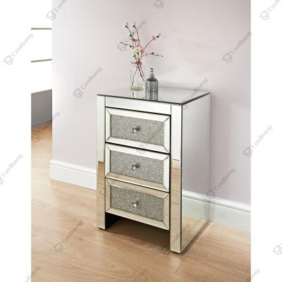 China Luxury Mirrored Mirrored Bedroom Furniture Style Crushed Diamond Bedside Table 3 Drawers Nightstands for sale