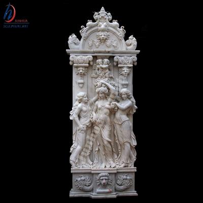 China Cheap European Antique Marble Stone Wall Water Fountain with Ladies and Lion Heads for sale