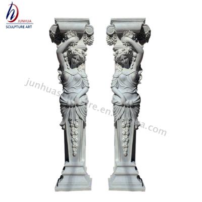 China Solid Greek Marble Column Roman Column With Lady Statues for sale