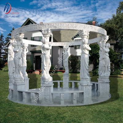 China Durable And Artistic Large Round Carved Luxury White Marble Gazebo With Lady Statues for sale