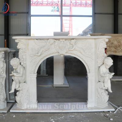 China Art Design Durable and Artistic Modern Border Arched Marble Fireplace with Baby Angels for sale