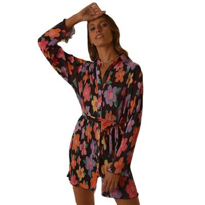 China Breathable ZN New Style Spring Flowers Print Long Sleeve Turn Down Collar Dresses Shirts For Women for sale