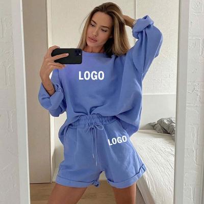 China Anti-Wrinkle Fashion Solid Color Women's Casual O-Neck Outfit Set Tracksuit Long Sleeve Full Crop Shorts Women's Hoodies Two-Piece Suit for sale