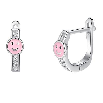 China 925 Sterling Silver Earrings Pink Enamel Cute Hypoallergenic Smile Circle Earrings For Kids for sale