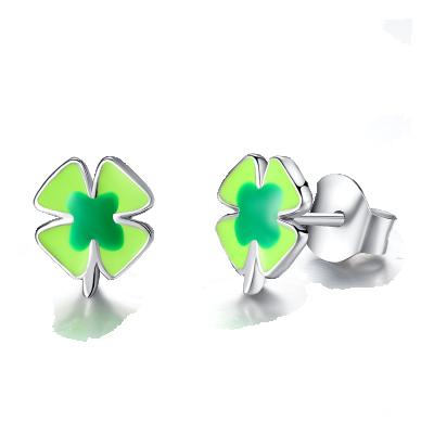 China Authentic 925 Sterling Silver Green Enamel Clover TRENDY Authentic Stud Earrings For Women Kids Silver Jewelry Gift for sale