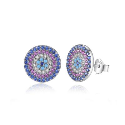 China CLASSIC Factory Price 925 Sterling Silver Colorful Cubic Zircon Round Stud Earrings For Women Turkey Evil Eyes Stud Earrings for sale