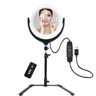 China Amazon PORTABLE 10 Inch Dual Color Desktop Beauty Led Mirror Makeup Selfie Tiktok Stand And Ring Light Price for sale