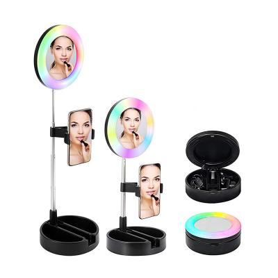 China 6inch PORTABLE Desktop Makeup Mirror Built-in Dimmable Folding USB Mini Led Selfie Ring Light Portable for sale