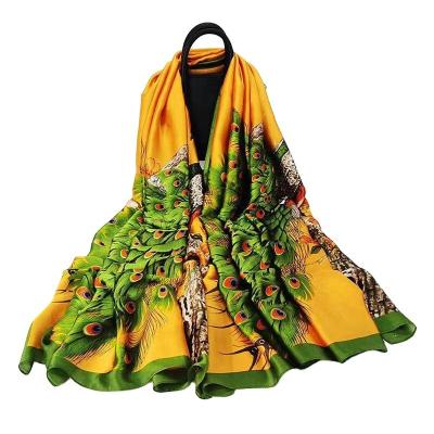 China New Style Silky Peacock Silk Scarf For Ladies Summer Sunscreen Shawl Long Turban Silk Satin Scarf for sale