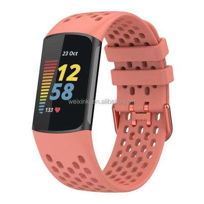 China Silicone Silicone Watch Band Strap For Fitbit Charge 5 Soft Breathable Watch Band Strap Sport Replacement Wrist Strap Accessories for sale