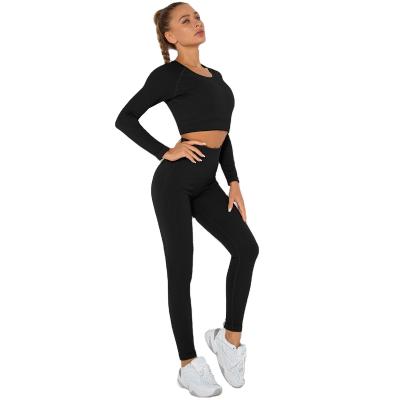 China Breathable Custom Yoga Set Women Yoga Gym Crop Top With Gaiters Workout Fitness Long Sleeve Seamless Yoga Sets for sale