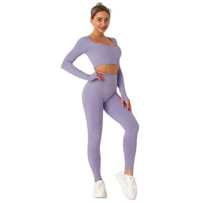 China Breathable High Neck Hole Inch Long Sleeves Women Activewear Gym Sets Seamless High Waist Yoga Clothing Sets for sale