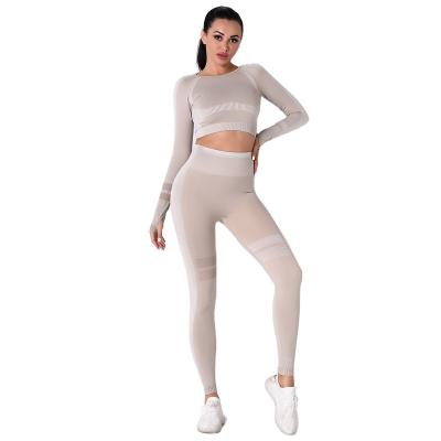 China Solid Color Women Workout Elastic Breathable Fitness Butt Lifting Yoga Wear Clothes Long Sleeve Legging Yoga Set for sale