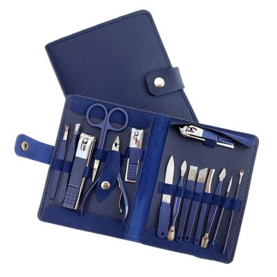 China Personal Care 15pcs Case Stainless Steel Nail Clippers Blue Leather Manicure Set for sale