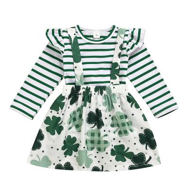 China Breathable Baby's Day New Style St Patrick's Day Striped T-Shirt With Four Leaf Clover Straps Skirt Set for sale