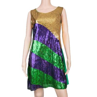 China Customized Striped Gold-Green-Purple Mardi Gras Women Sequin Dress Sustainable Sequin Cotton Holiday Dress for sale