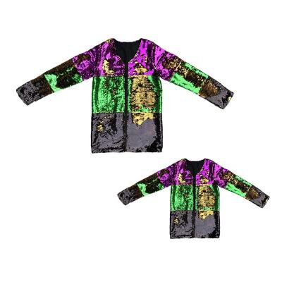 China Mommy and Me QUICK DRY New Orleans Sequin Jacket Mardi Gras Kimono Kids Women Tricolor Reversible Zipper Coat for sale