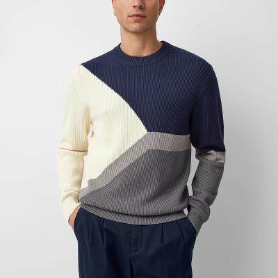 China Wholesale Custom LeBo Anti-wrinkle Men Long Sleeve Crew Neck Ribbed Knit Asymmetric Color Block Sweater for sale