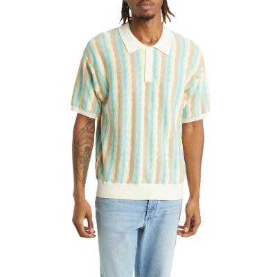 China Wholesale Custom Summer Multicolor Surface Anti-wrinkle LeBo Men Wavy Short Sleeve Stripe Knit Polo Neck Sweater for sale