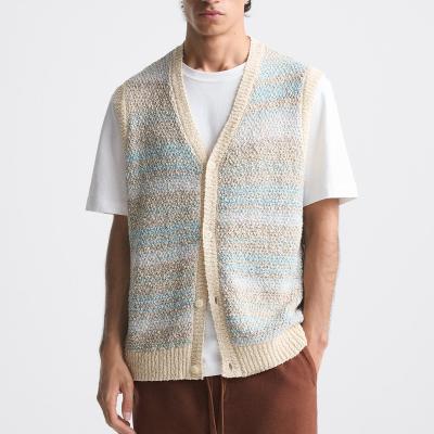 China Wholesale Custom Anti-Wrinkle LeBo Summer Men Striped V Neck Sleeveless Sweater Color Block Texture Knit Cardigan Vest for sale