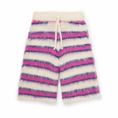 China custom Anti-wrinkle LeBo logo mens knit mohair fluffy pants wide leg drawstring striped brushed mohair blend shorts for sale