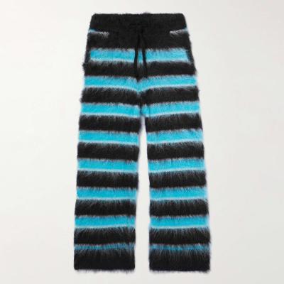 China wholesale custom made LeBo Anti-wrinkle men loose straight leg knit mohair sweater pants striped drawstring mohair fuzzy sweatpants for sale