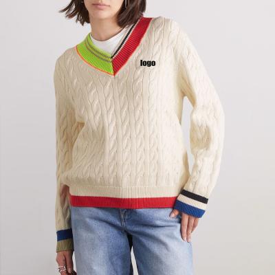 China wholesale custom Anti-wrinkle LeBo women long sleeve v neck colored balance cable knit college cricket sweater for sale