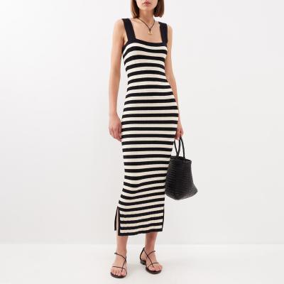 China LeBo Women's Summer Style Slim Fit Custom Made Wholesale Anti-Static Cotton Midi Striped Black And White Striped Knitted Dress for sale