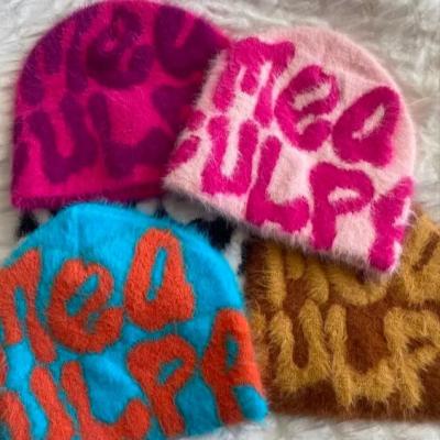 China LeBo casual wholesale custom logo knit hat mea culpa y2k jacquard brushed fuzzy knit mohair beanie for sale