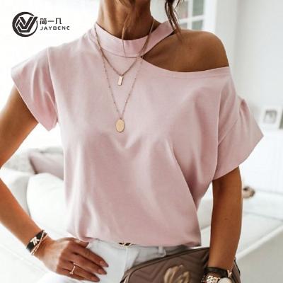 China Solid Color Sexy Oversized Women's Off-the-Shoulder Ladies T-shirt Summer Slanted Off-the-Shoulder Short Sleeve Top for sale