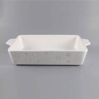 China 13.5 Inch White Wax Ceramic Resist Christmas Snowflake Dish Large Rectangular Stoneware Seafood Baker Baking Set for sale