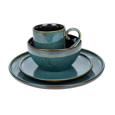 China Nordic Hot Sale Dinner Salad Appetizer Dish Cereal Bowl Cup Stoneware Blue Shiny Reactive Glazed Tableware Set for sale